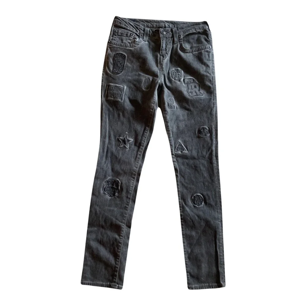 True Religion Rocco Skinny Jeans Mens 30 Faded Black Patched Denim Streetwear